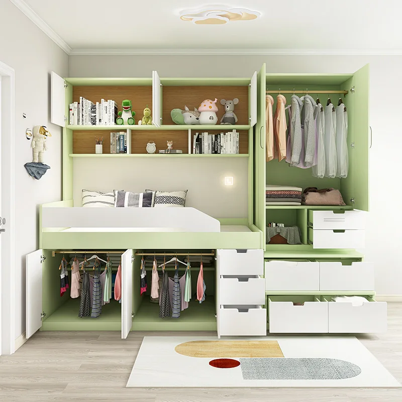 Small apartment multi-functional combination bed wardrobe integrated half height with desk