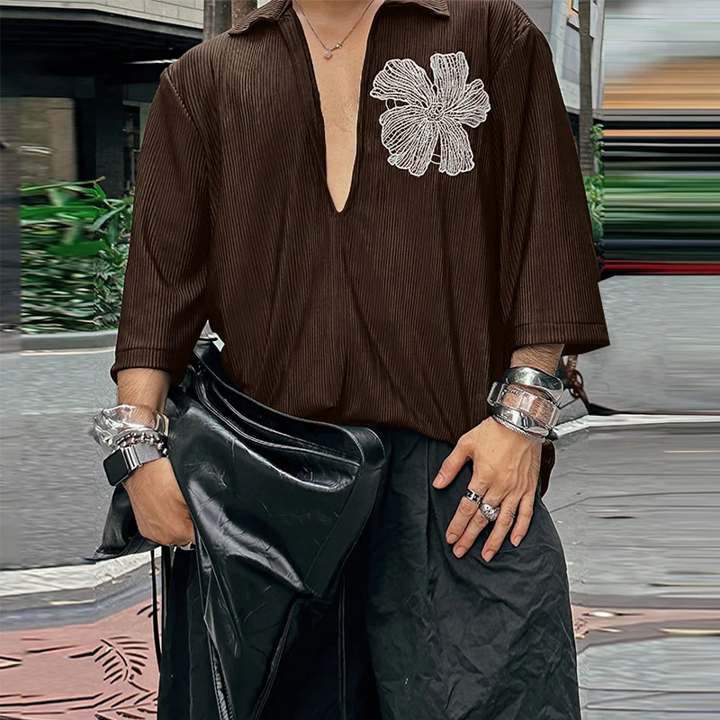 

INCERUN Мужская рубашка с цветочными лацканами и рукавами 3/4, повседневная мужская одежда больших размеров, уличная одежда, 2025 г., свободные модные мужские рубашки Camisas S-5XL