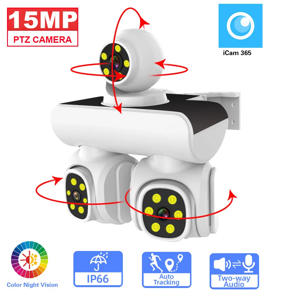 15MP 4K PTZ Wifi IP Camera with Three Screen Auto Tracking Color Night Vision Outdoor Wireless CCTV Security Surveillance Camera