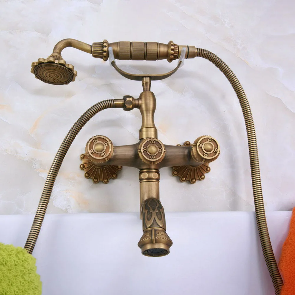 

Antique Brass Double Handle Wall Mounted Bathroom Bath Tub Faucet Set with 1500MM Hand Held Shower Spray Mixer Tap 2na223