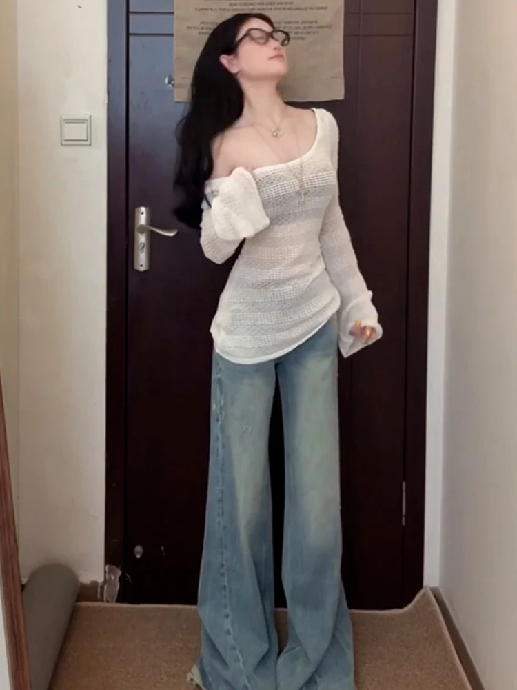 Weiße Spitze aushöhlen Sommer dünn gestrickt Sonnenschutz irt Damen Bell Sve Oberbekleidung Oulder Exposure Top