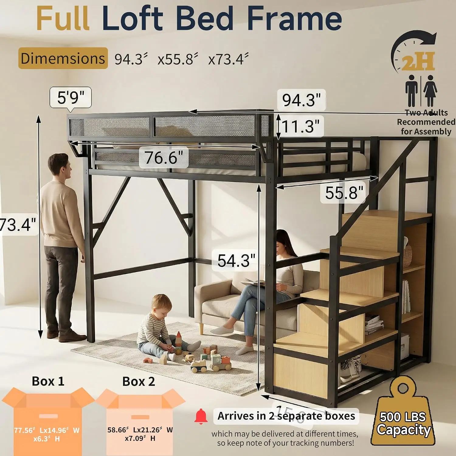 Full Size Loft Bed with Stairs & Storage, Metal Frame with Shelf & Under-Bed Space, Heavy-Duty , Custom