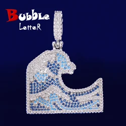 Bubble Letter Iced Out Necklace for Men Ocean Wave Pendant Real Copper Cubic Zircon Hip Hop Jewelry