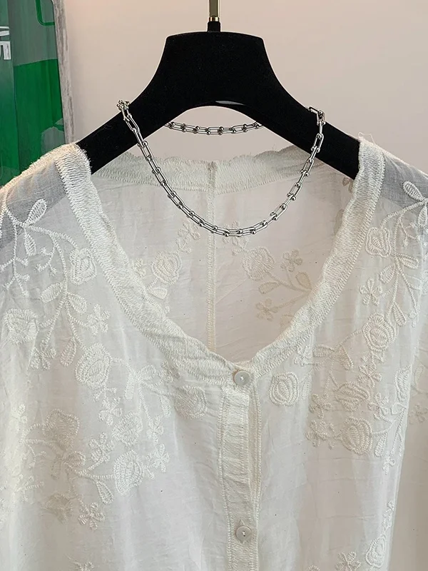 Retro cotone ricamato Casual V-Ne dimagrante irt Estate 2025 New Sle Double ket Svel Top Faion da donna