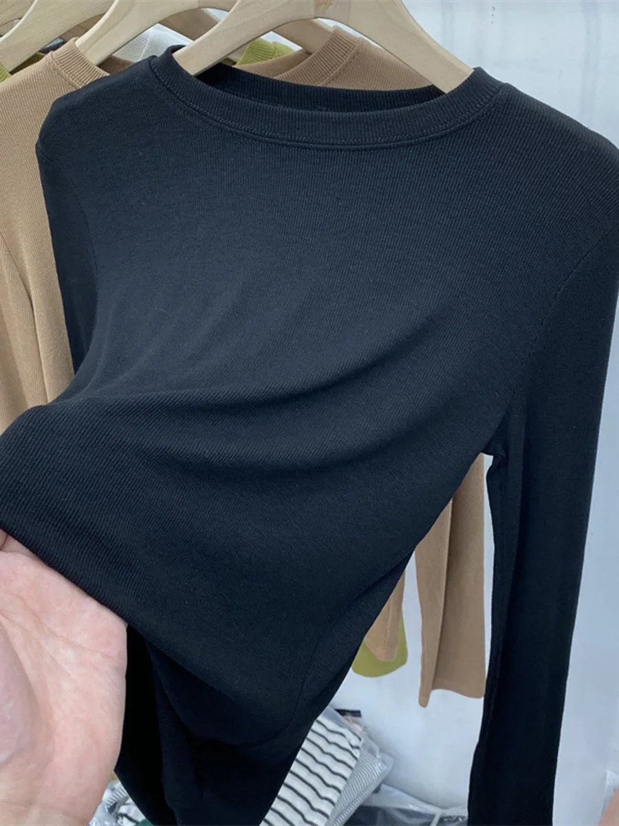 Womens Solid Color Long Sleeve Knit Polyester Base Layer Blouse Soft Undershirt Regular Autumn Winter Casual Wear