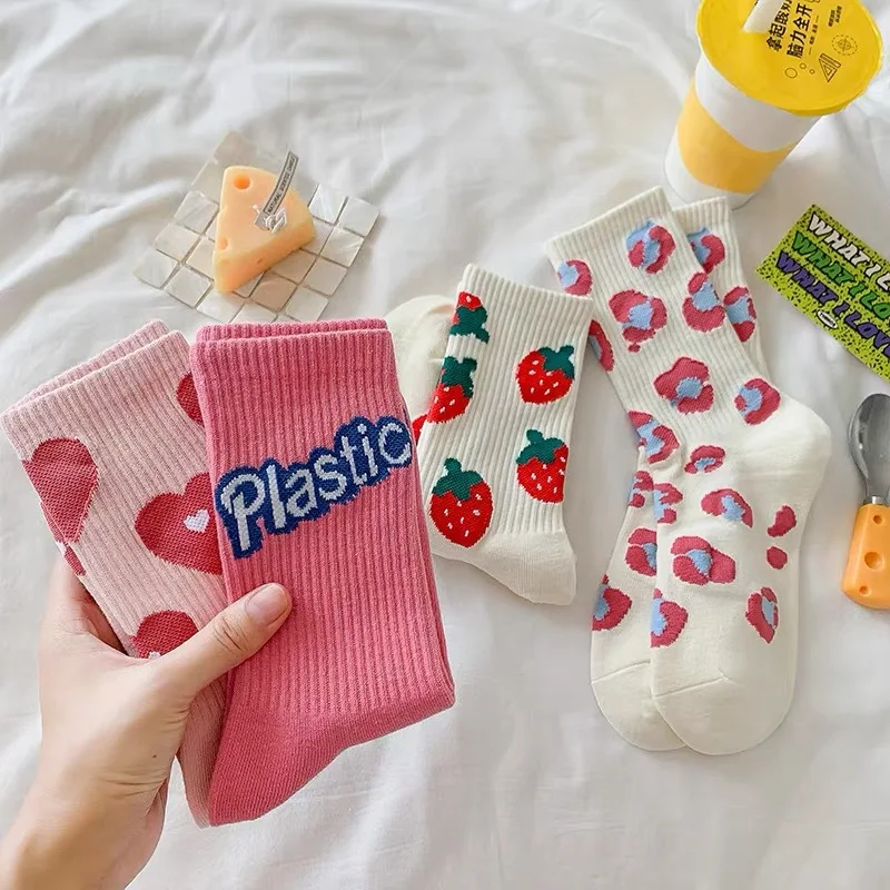 عادية منتصف العجل Socken موضة تنوعا الجوارب Ins الكورية اليابانية نمط 1 زوج المرأة Kawaii الأزهار القلب طباعة طاقم الجوارب لطيف #6