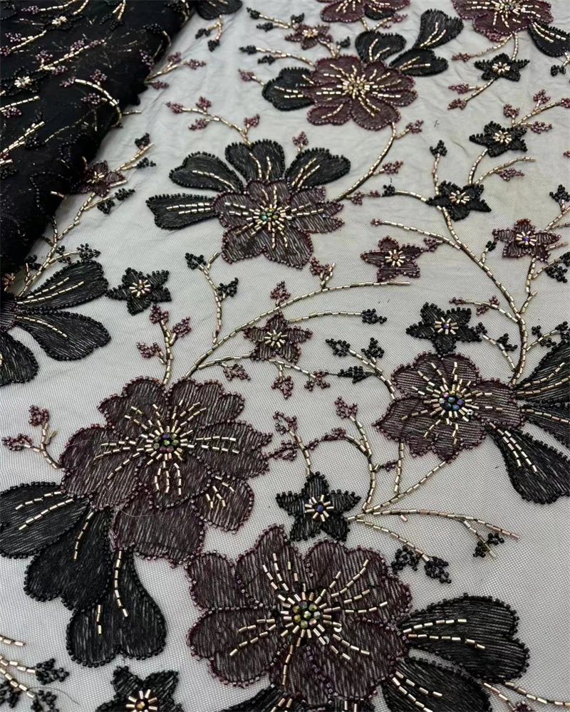 Tela de encaje de tul francés con cuentas africanas, lentejuelas nigerianas de alta calidad con encaje de perlas para costura de vestidos de fiesta, 2025