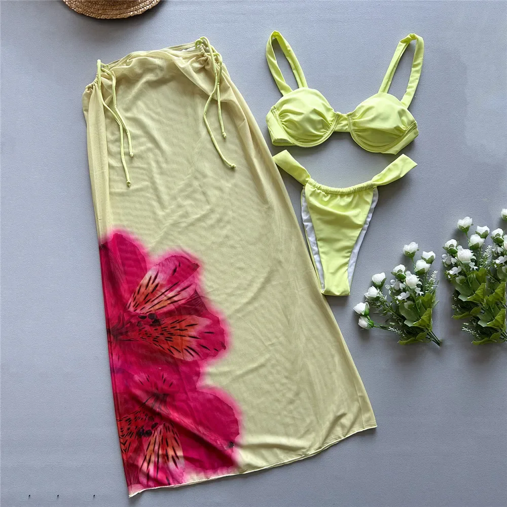 

Sexy Yellow Push Up Bikinis Sets 3 Piece Woman Swimsuit Cover Up Holiday Swimwear Bathing Suit Beach Wear Micro Bikini Thong