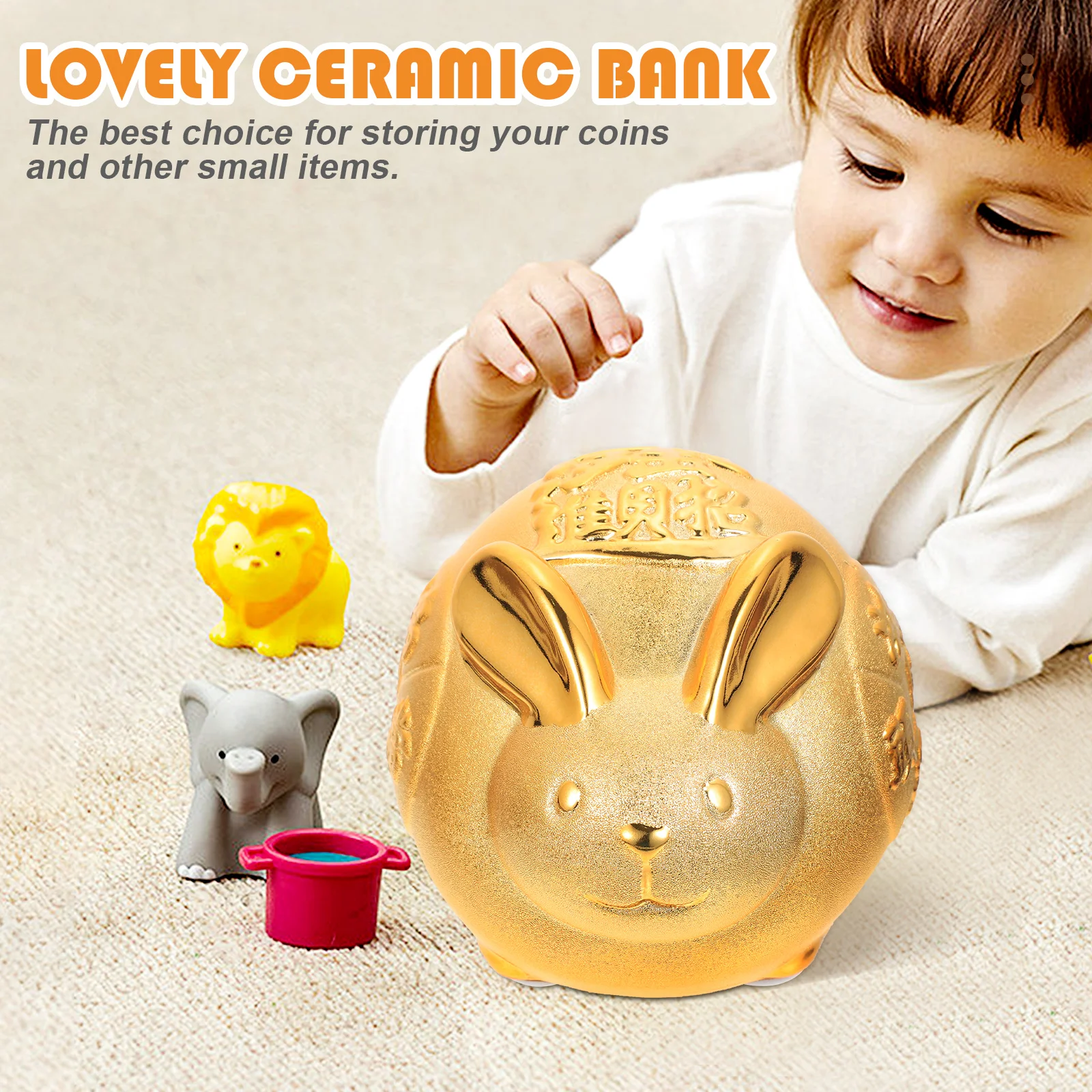 

Gold Rabbit Piggy Bank Ceramic Cute Bunny Coin Jar Money Saving Pot Gift for Bedroom Office Decor Cartoon Coin Bank