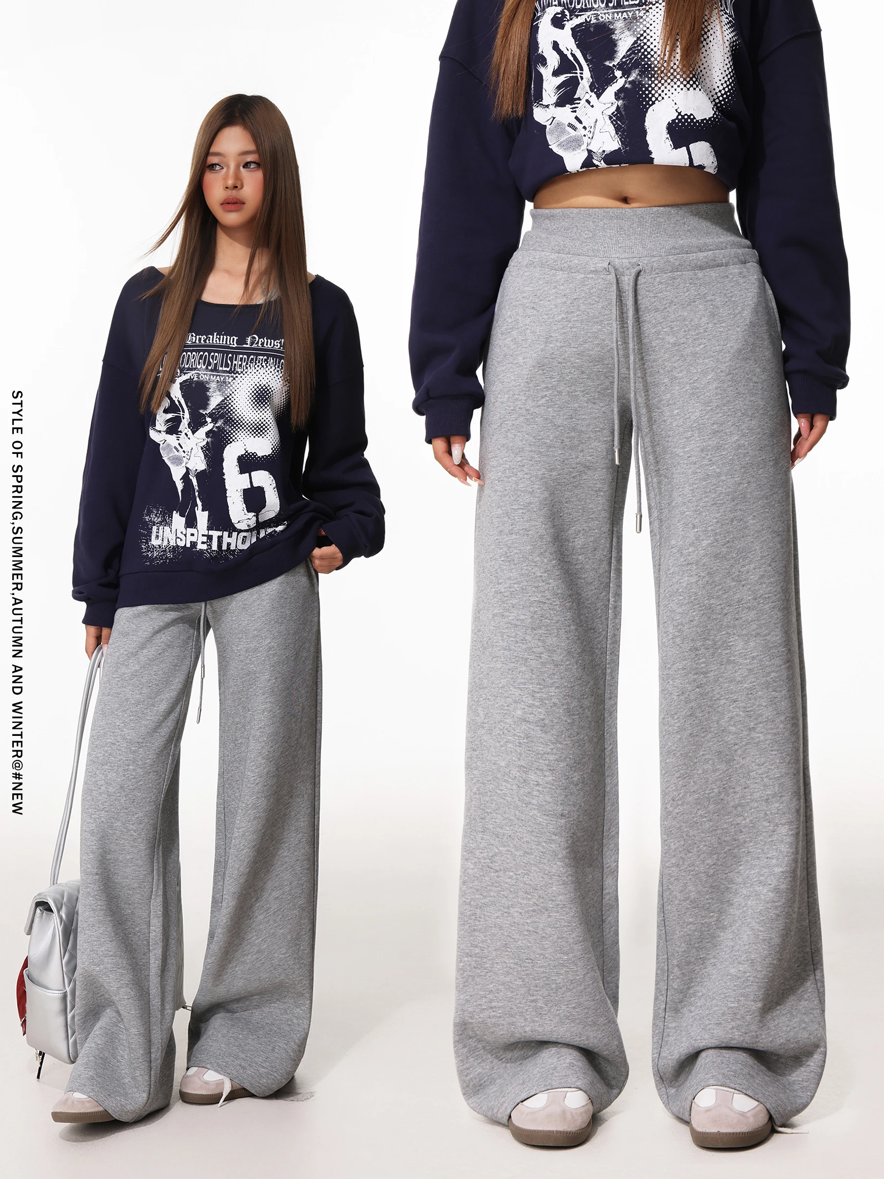 

Loose Grey Casual Straight Leg Wide Leg Pants Women's Loose Drawstring Floor-Length Trousers November Sports Style Elastic Waist