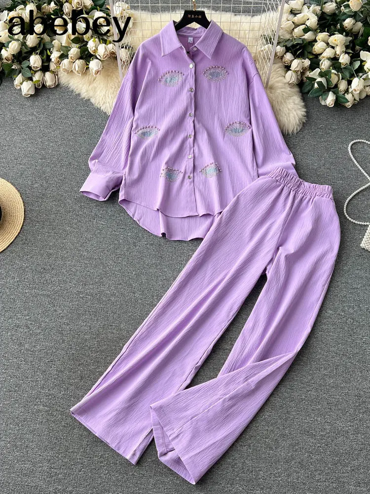 Beading Street Women's Set Long Sleeve Shirt Tops and Wide Leg Pants Elegant Tracksuit Two Piece Set Sweatsuit Fitness Outfits
