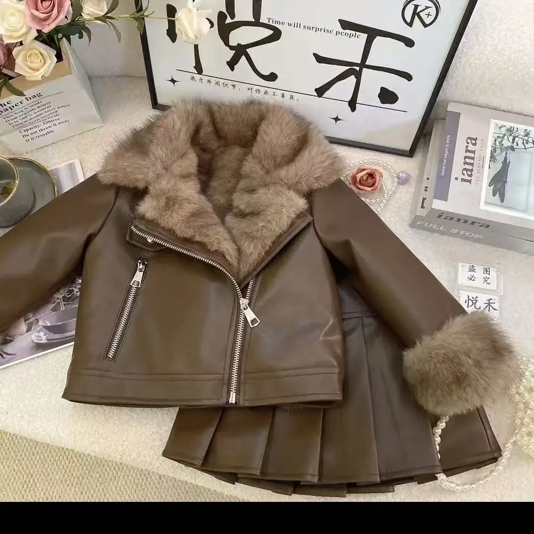 

Winter 2-piece Set for Girls Warm Lapel Solid Leather Top + Solid Leather Pleated Skirt Kids Clothes Girls Toddler Girl Clothes