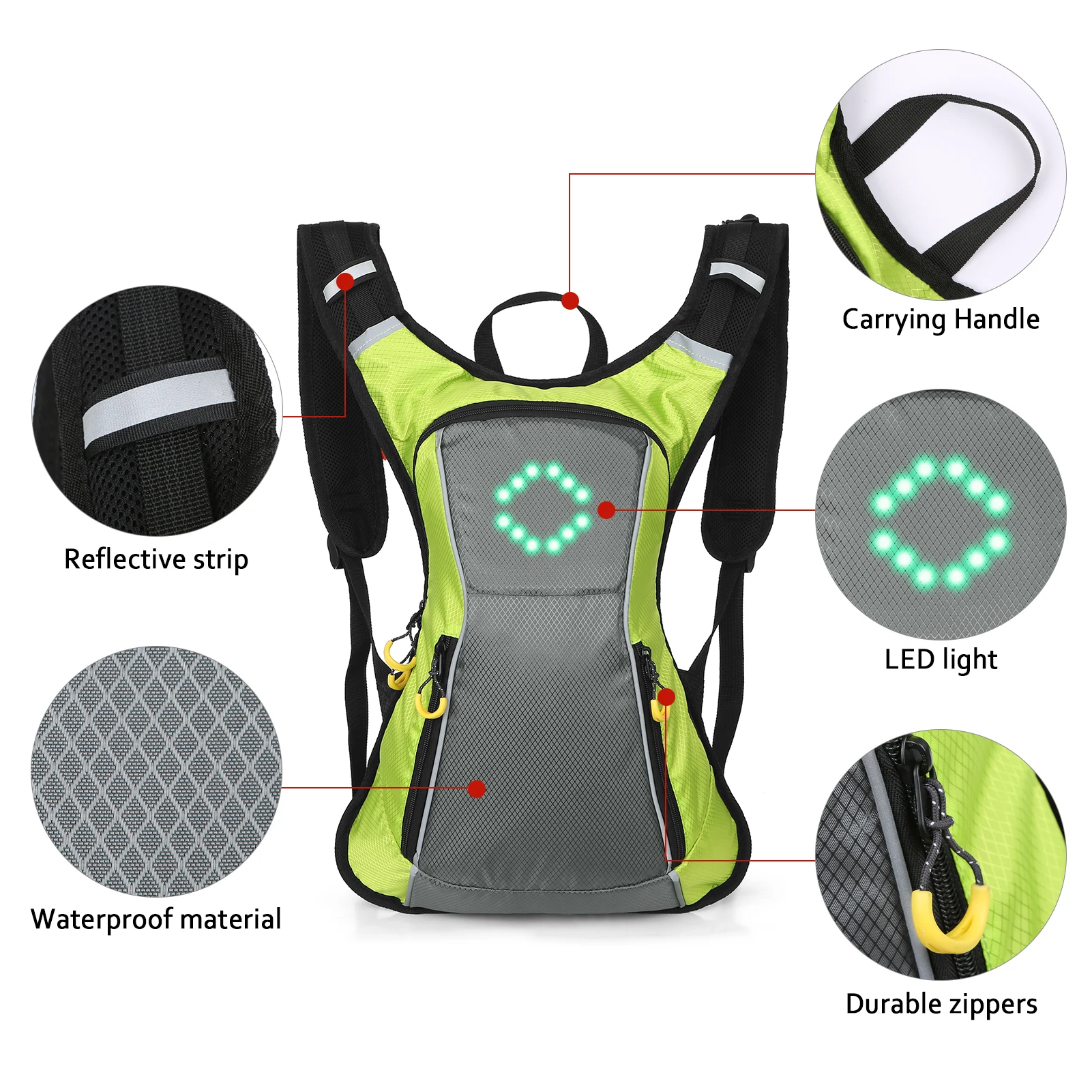 LED Turn Signal Backpack IPX5 Waterproof Reflective Backpack w Direction Indicator USB Rechargeable Safety Light Wireless RC Bag