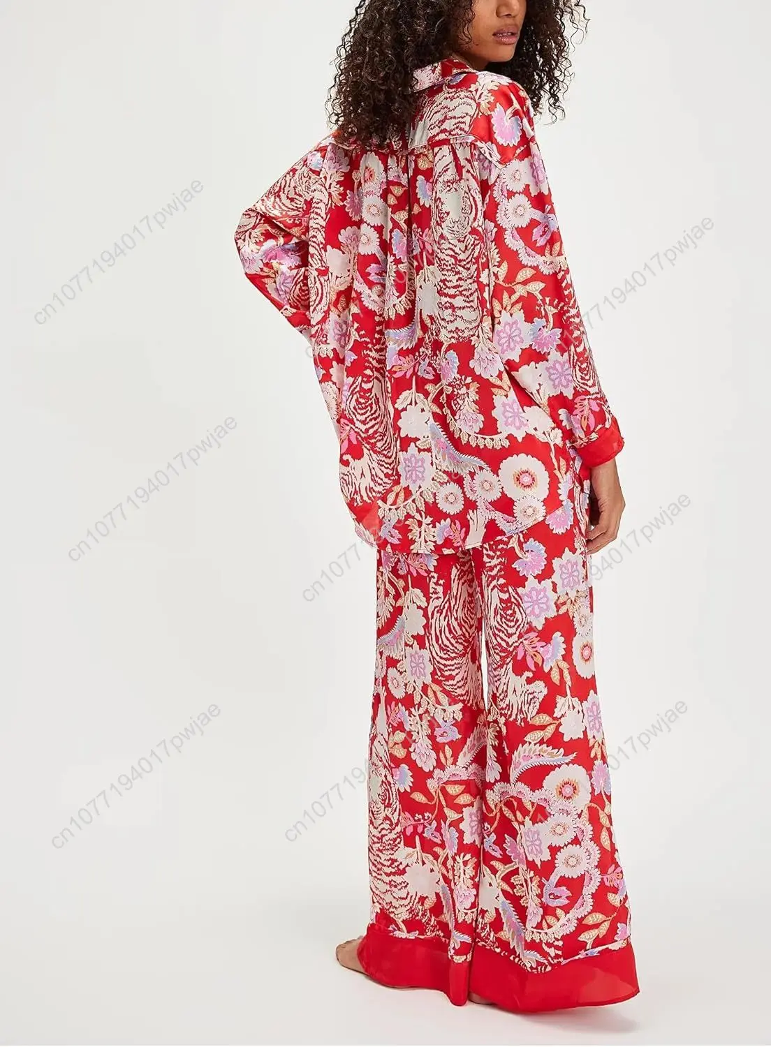 ชุดนอนผ้าไหมสไตล์ Y2K สำหรับผู้หญิง ลายดอกไม้ เสื้อเชิ้ตแขนยาวติดกระดุม กางเกงขายาวทรงกว้าง ชุดลำลอง 2 ชิ้น