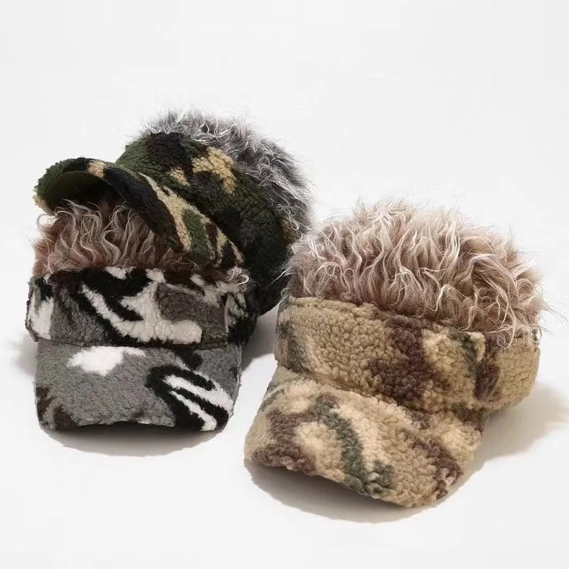 Winter Men Casual Camouflage  Adjustable Novelty Baseball Hat Warm Windproof Decorative Hat with Spiked Hairs Wigs Hip Ho Hats
