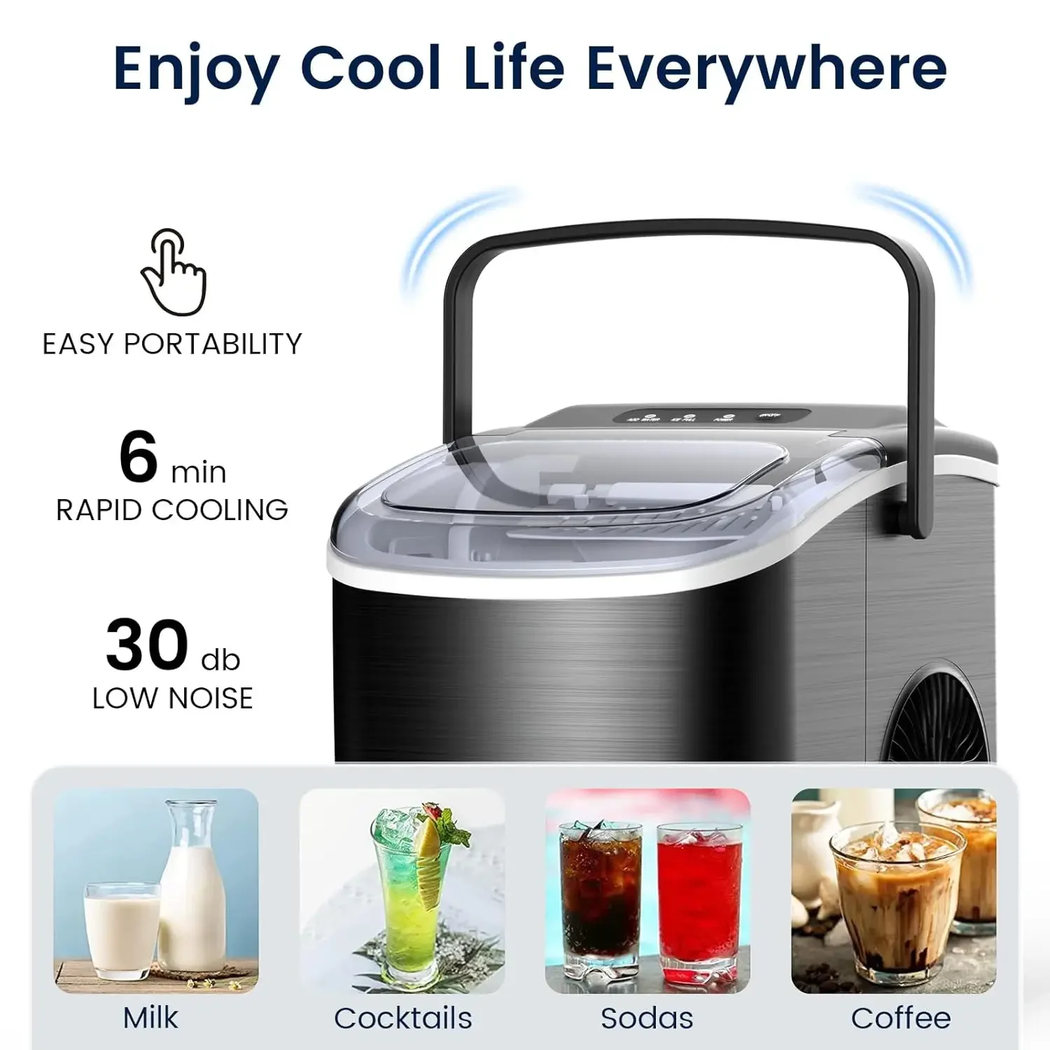 Enhanced Stainless Steel Countertop Ice Maker, Quick 9 Cubes em 6-8 Mins, Conveniente Máquina de Gelo Auto-Limpeza, 26Lbs, 24H Capacidade