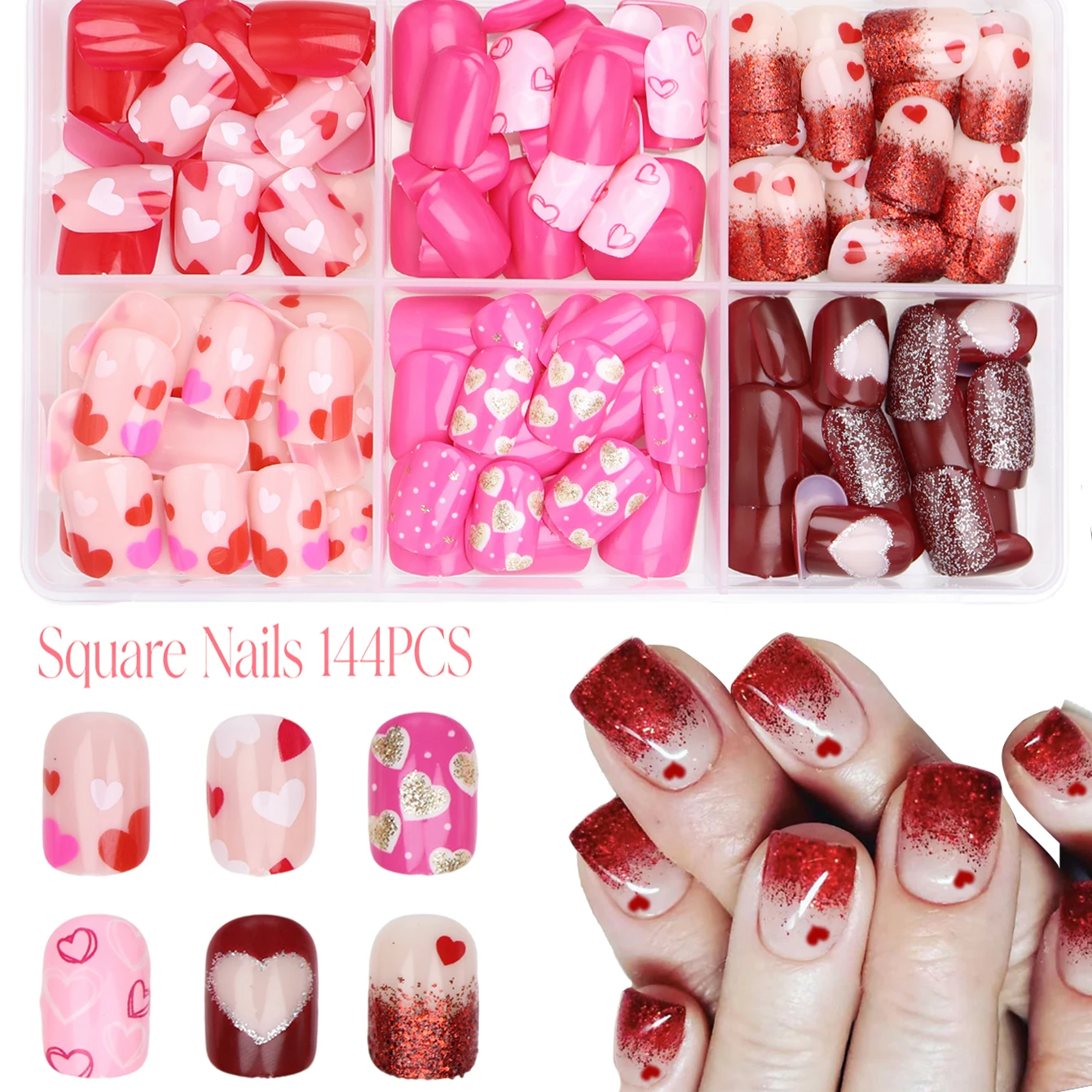 144Pcs Square Press On Nails Red Heart Design False Nails Gold Glitter Gradient Fake Nails Mixed 6 Styles Reusable Box Pack Mani