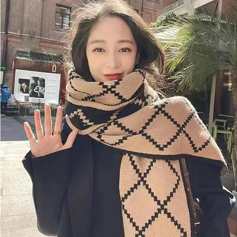Women's Red Winter Scarf - Korean Style Plaid Knit Wool Neck Warmer Fashion Student Casual Warm Soft Wrap For Cold Weather