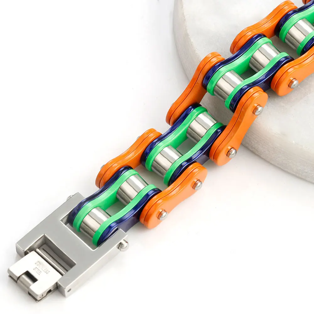 أساور برتقالية للرجال، أساور ربط سلسلة الدراجات النارية للرجال باللون الأزرق، مجوهرات زوجين ثقيلة من الفولاذ المقاوم للصدأ #2