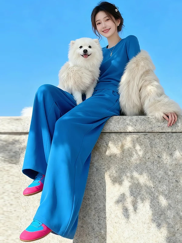 

Salt Series Street Style Casual Sportswear Set Women's Winter Fashion Age-Defying Blue Long Sleeve Top Wide Leg Pants Two-Pie...