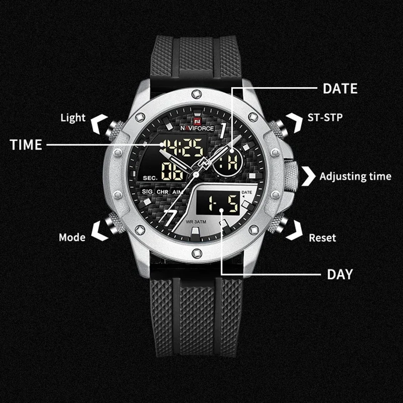 2024 NAVIFORCE Sports Waterproof Digital Display Man Clock Trend Casual Comfortable TPU Strap Luminous Quartz Men Watch