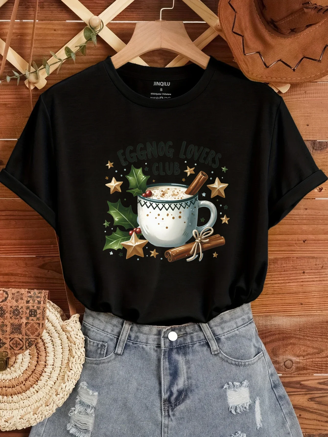 

2025 Christmas chocolate milk graffiti print T-shirt Women Y2kk tops Spring Summer Ladies T-shirt Casual O-Neck Short sleeve Tee