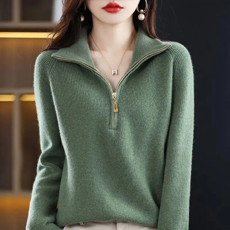 

Новый пуловер с утолщенной подошвой и лацканами, вязаный свитер, осенне-зимний тонкий свободный вязаный свитер на молнии с высоким воротником