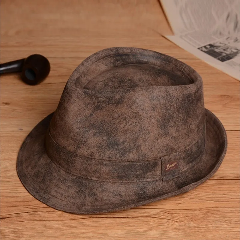 

High-end sheepskin top hat Leather British vintage jazz big gentleman