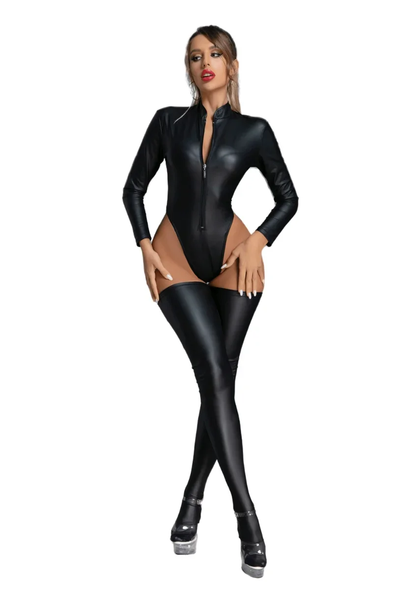 Preto wetlook pvc látex bodysuit couro falso catsuit + meia sexy lingerie catsuit senhora alta corte macacão clubwear