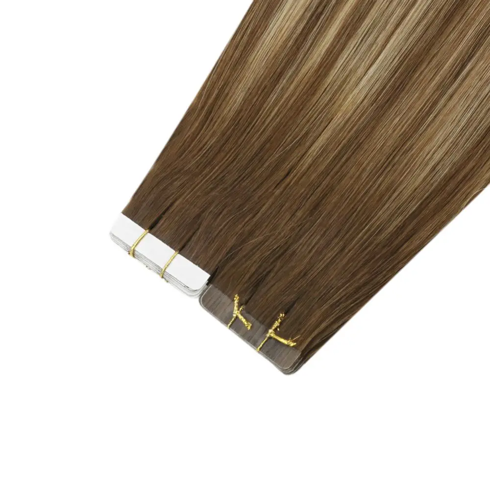 Extensiones de Cabello con cinta brillante para mujer, cabello humano, degradado, Color rubio, trama de piel, 9A, Remy, grado adhesivo