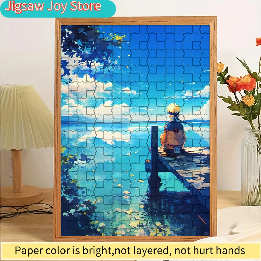 

Anime Naruto Uzumaki Sitting on Lakeside Wooden Dock with Serene Reflective Blue Lake, Floating Golden Leaves, Lush Tree Foliage