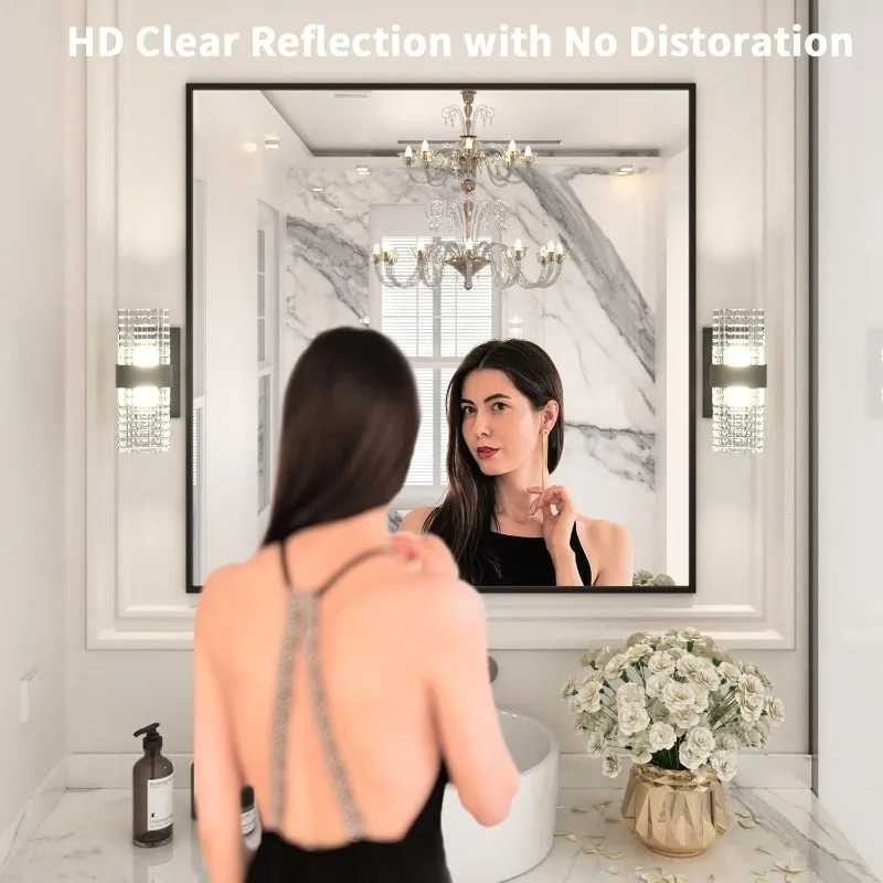 36"X36" Black Rectangle Bathroom Mirror Wall, Matte Black Aluminum Alloy Frame, Tempered Glass, Hangs Vertically or Horizo