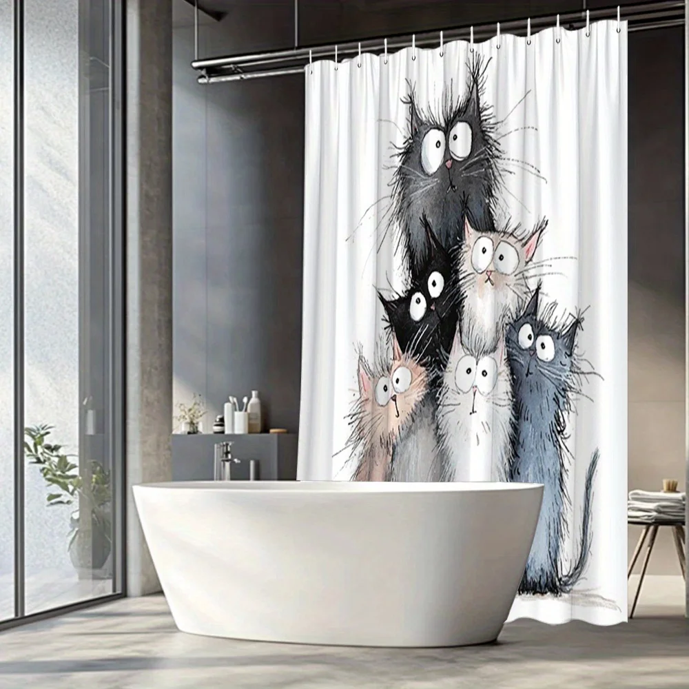 

[Shower Curtain] 1pc Playful Six Quirky Cats Pyramid Shower Curtain - Humorous Cartoon Animal Bathroom Decor, 70.8x70.8 Inch Fab