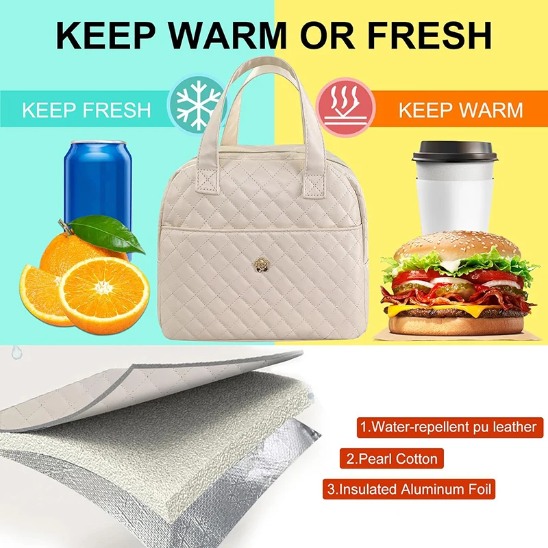 Fashion Leather Lunch Bag For Women Portable Thermal Picnic Food Cooler Bags PU Insulated Case Aluminum Foil Lunch Box NEW