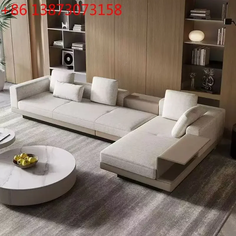 

Italian cotton and linen concubine fabric light luxury large flat floor living room straight row combination steel armrest sofa
