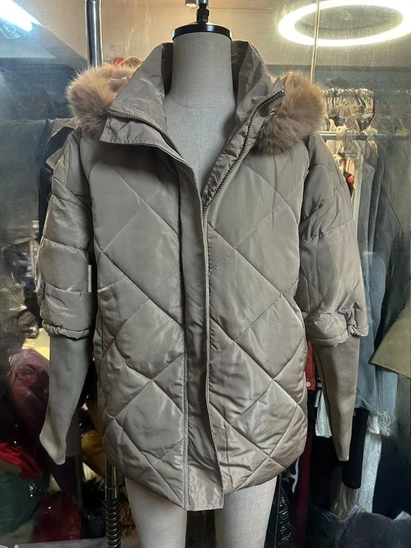 2025 Autumn and Winter Diamond Grid Yarn Splicing Casual and Fashionable Down and Cotton Jacket