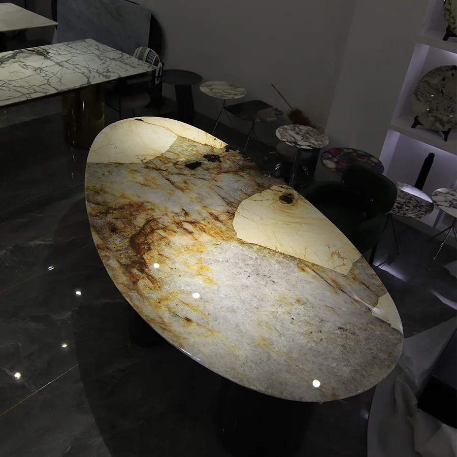 Pandora Luxury Stone Dining Table Marble Snow Flying Fox Amazon Green Villa Mansion Italian Light Luxury Oval Dining Table