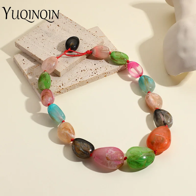 Trendy Cute Colorful Resin Beads Necklaces for Women Girl Vintage Design Beaded Chain Short Choker Necklace Simple Jewelry Party