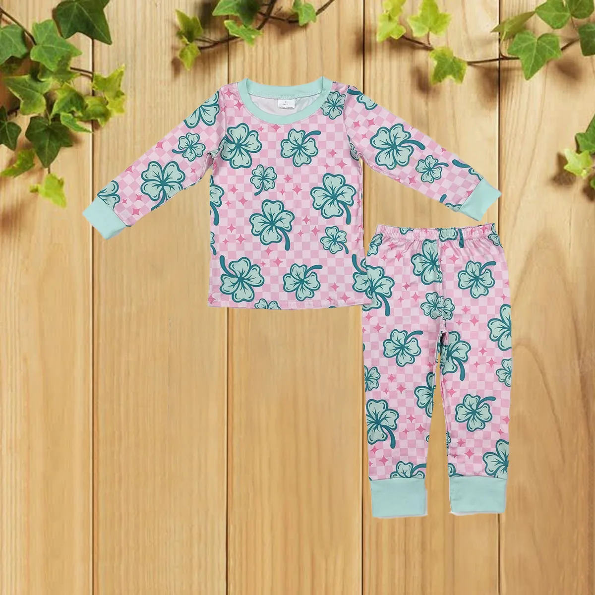 10.23 محظوظ أربع أوراق البرسيم منقوشة الوردي والأخضر حواف طويلة الأكمام السراويل ملابس خاصة مجموعة للفتيات ملابس الأطفال لطيف