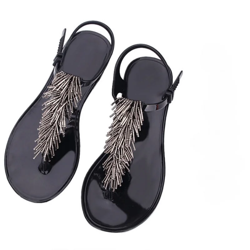 Women\'s Shoes Flip-flops Sandals for Woman Black Footwear Plastic with Low Heels Summer 2024 Crystal Pvc Wholesale Luxury Sale H