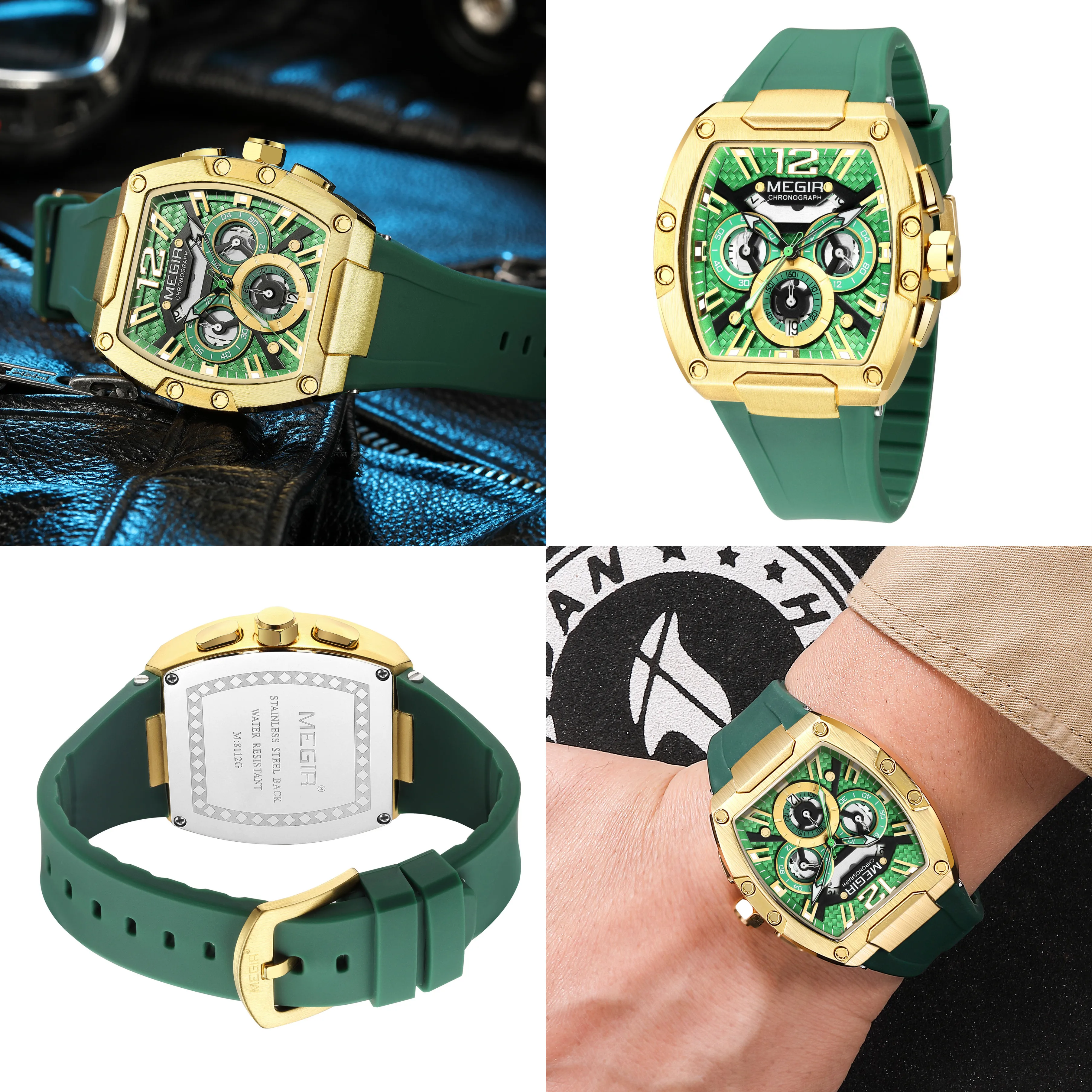 MEGIR Chronograph Luxury Sport Quartz Watch Men Waterproof Luminous Silicone Casual Big Dial Wristwatch Date Reloj Hombre 8112