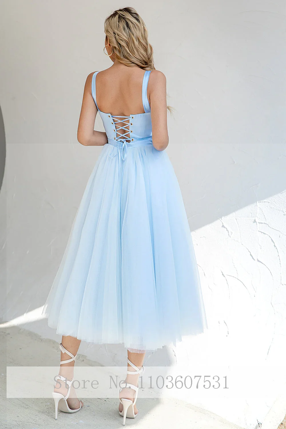 Chraming Spaghetti Straps Sweetheart Collar Prom Dress for Women A-line Tulle Tea-Length Prom Party Gown vestidos de festa