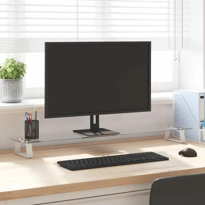 Support d'écran blanc 100x20x8 cm en verre trempé et métal, étagère de rangement ergonomique pour bureau, station pour ordinateur portable et clavier, accessoire de bureau pour un espace bien rangé et gain de place