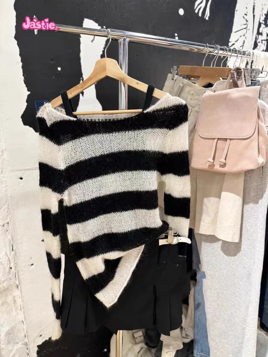 Mohair Knit Stripes Long Sleeve Women's T Shirt Spring Sexy Slash Neck Hollow Out Smock Tops Vintage Streetwear Top Clothes 2024