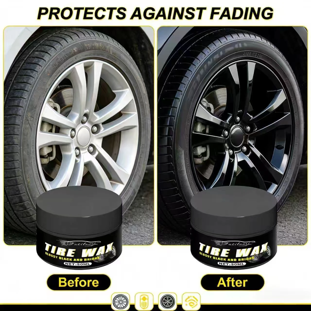 50ML Tire Wax Glossy Black Bright Paste for BMW Auto Car Motorcycle Tire Shine Restorer Long-Lasting Gloss Protection Rubber Tir