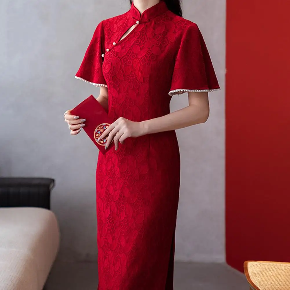 Retro sukienka Cheongsam Qipao elegancka koronka Cheongsam Qipao stójka sukienka Retro dla kobiet chiński styl wieczorowa suknia ślubna z 3/4