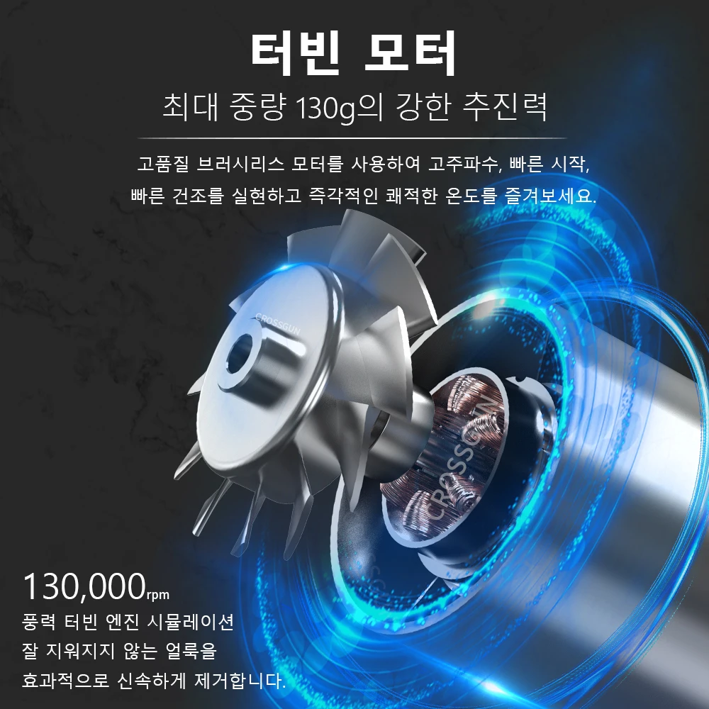 CROSSGUN 제트팬 터빈 모터 구조와 내부 블레이드 이미지