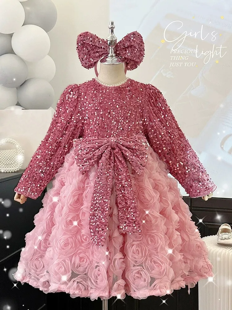 Meisjes Mode Glanzend Pailletten Ontwerp Prinses Baljurk Kinderen Elegante Zoete Strik Lange Mouw Verjaardagsfeestjurk Y1133