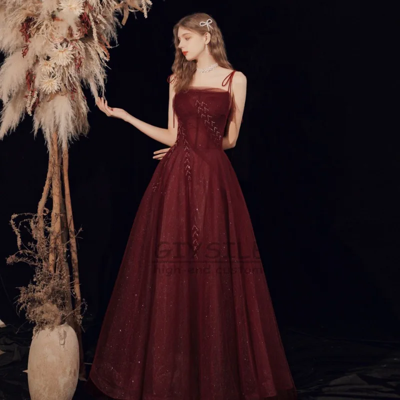 GIYSILE Abito da sera rosso vino 2025 New Fairy Paillettes Tube Top senza maniche Primavera Matrimonio Temperamento Atmosfera semplice Slim