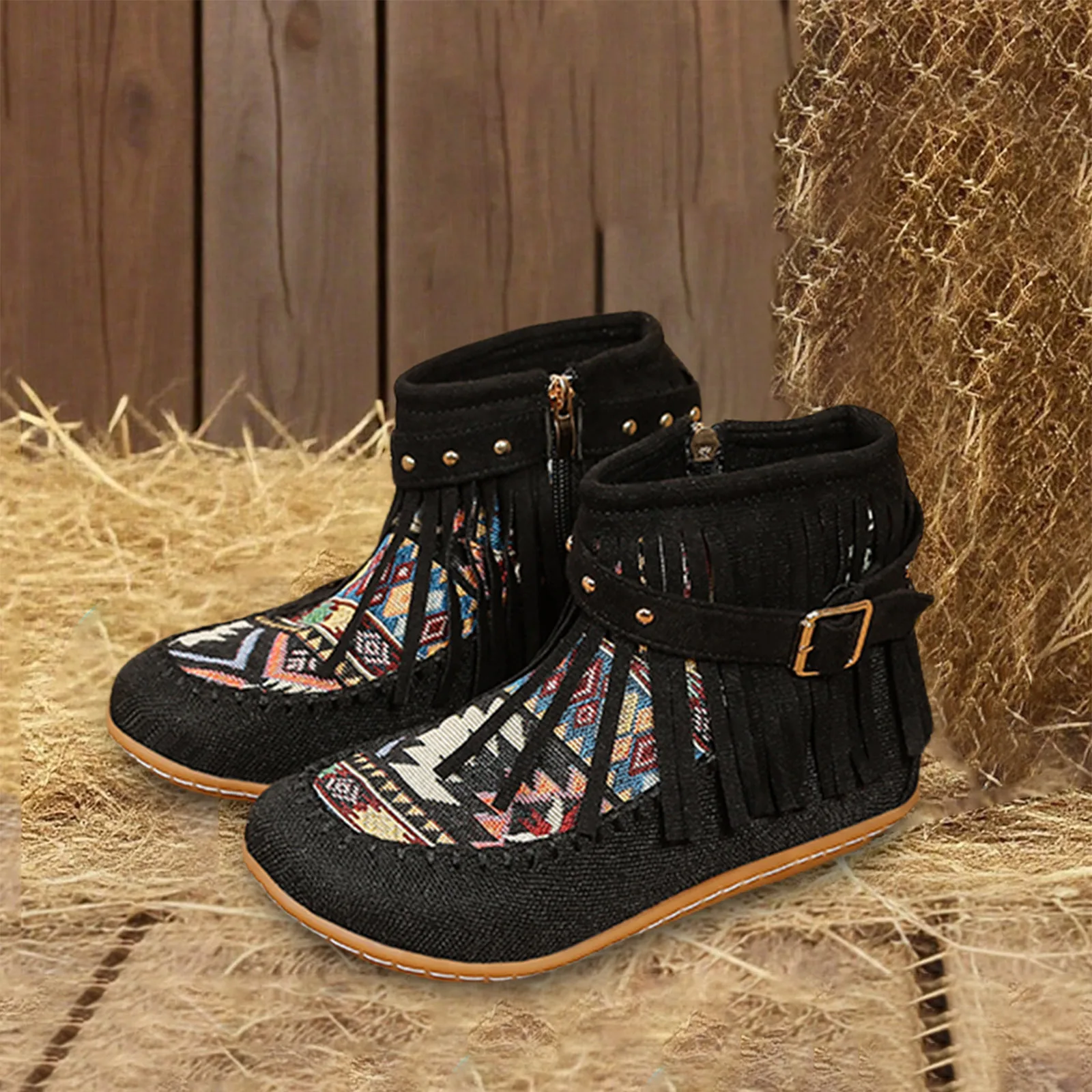 

Women Bohemian Shoes Tassels Cotton Linen Canvas Vintage Ethnic Style Rivet Woven Round Toe Ankle Boots Woman Flats Size